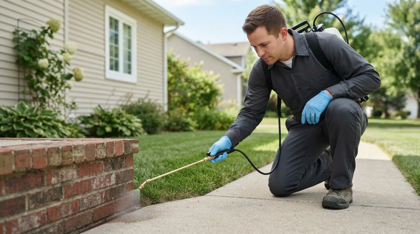 Pest control technician treating a home near Wells Bridge, NY